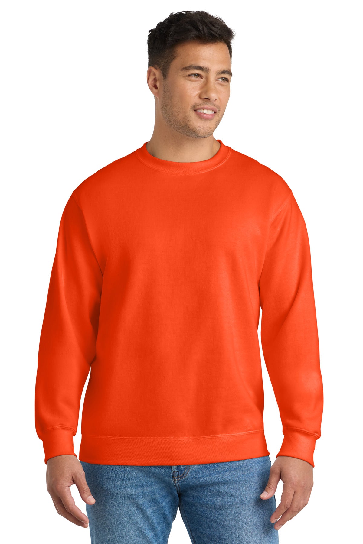 Port & Co Tall Essential Fleece Crewneck Sweatshirt. PC90T in Safety Orange