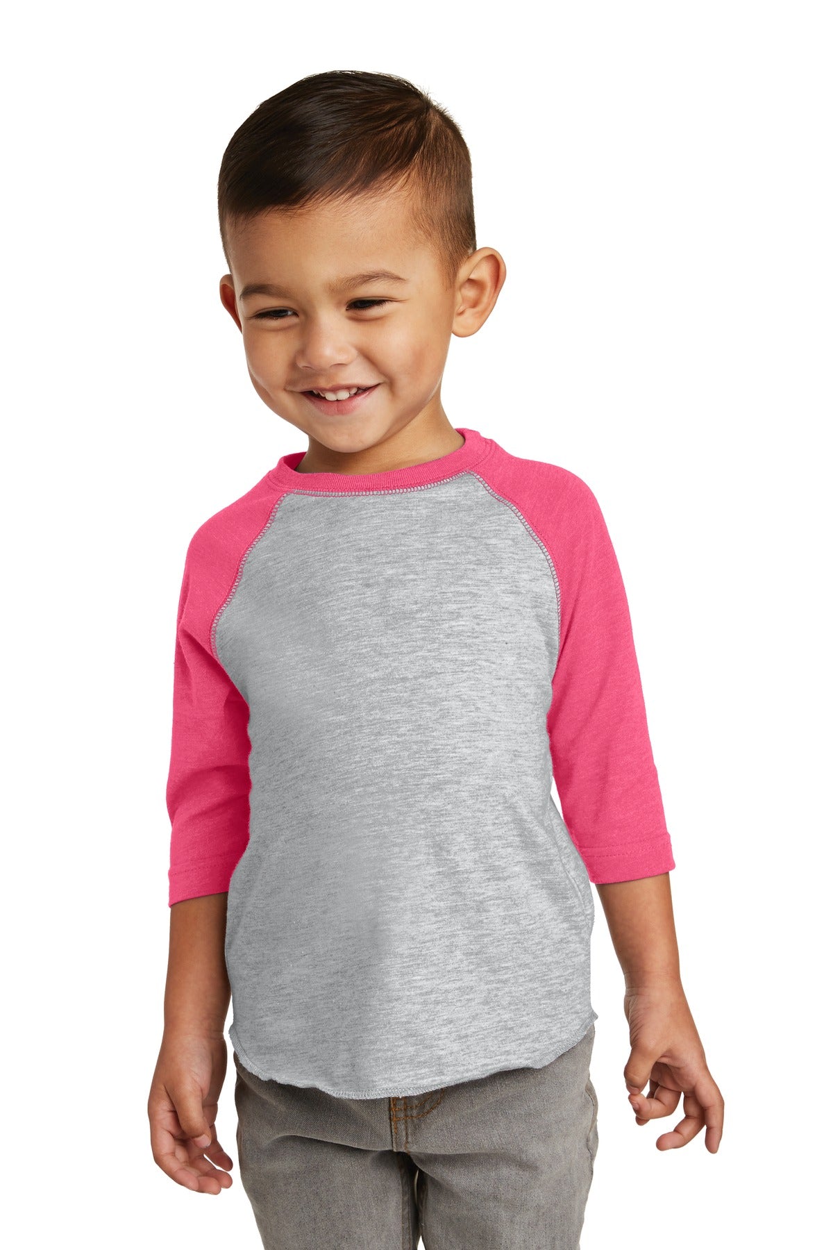 Rabbit Skins Toddler Baseball Fine Jersey Tee. RS3330 in Vintage Heather/ Vintage Hot Pink
