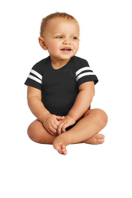 Rabbit Skins Infant Football Fine Jersey Bodysuit. RS4437 in Black/ White