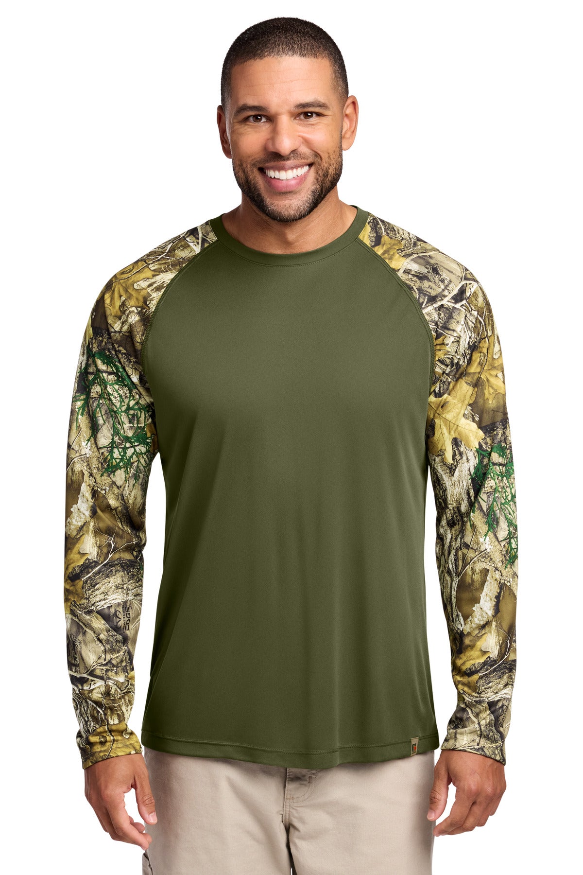 Russell Outdoors Realtree Colorblock Performance Long Sleeve Tee RU151LS in Olive Drab Green/ Realtree Edge