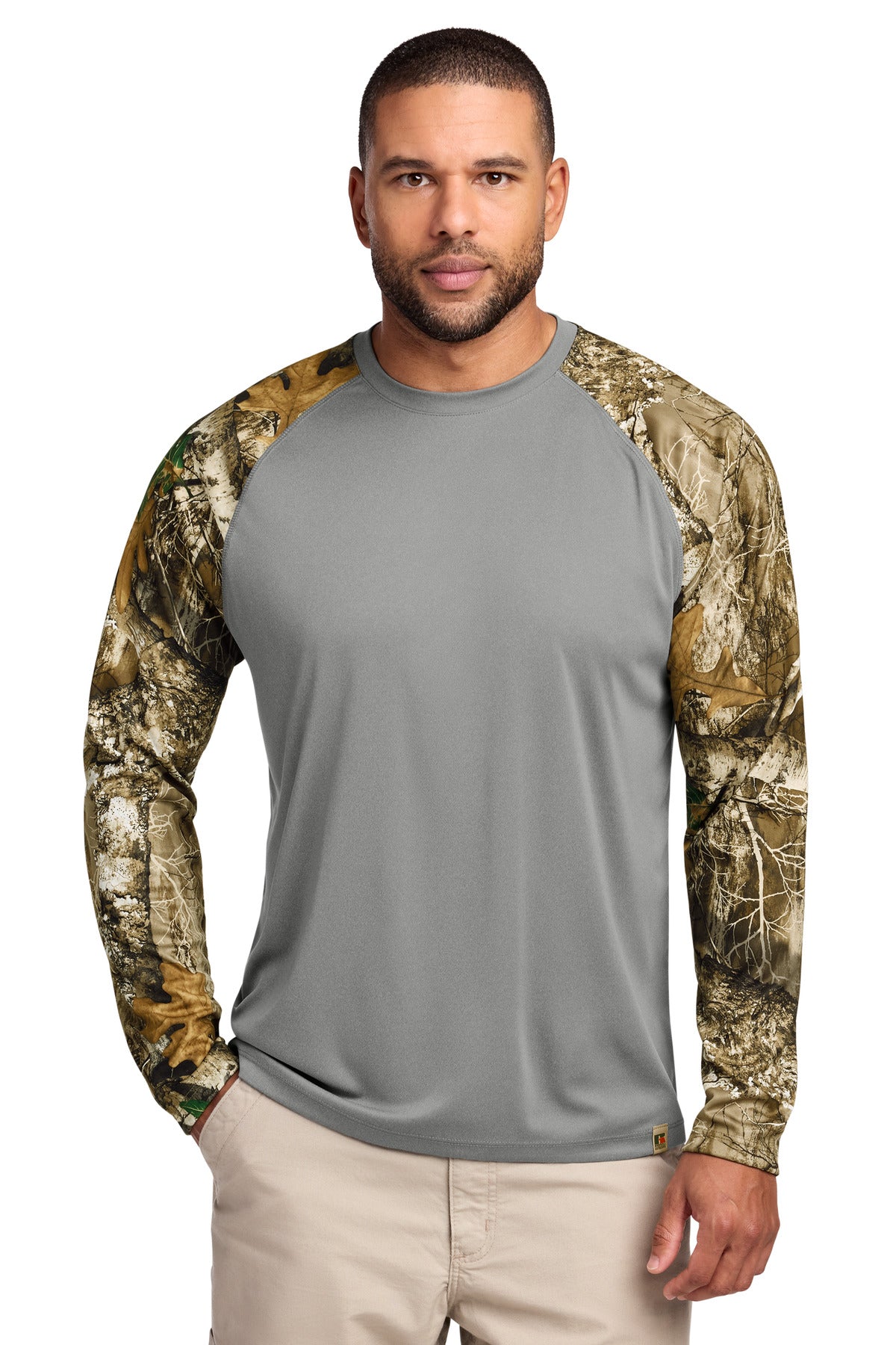 Russell Outdoors Realtree Colorblock Performance Long Sleeve Tee RU151LS in Grey Concrete Heather/ Realtree Edge