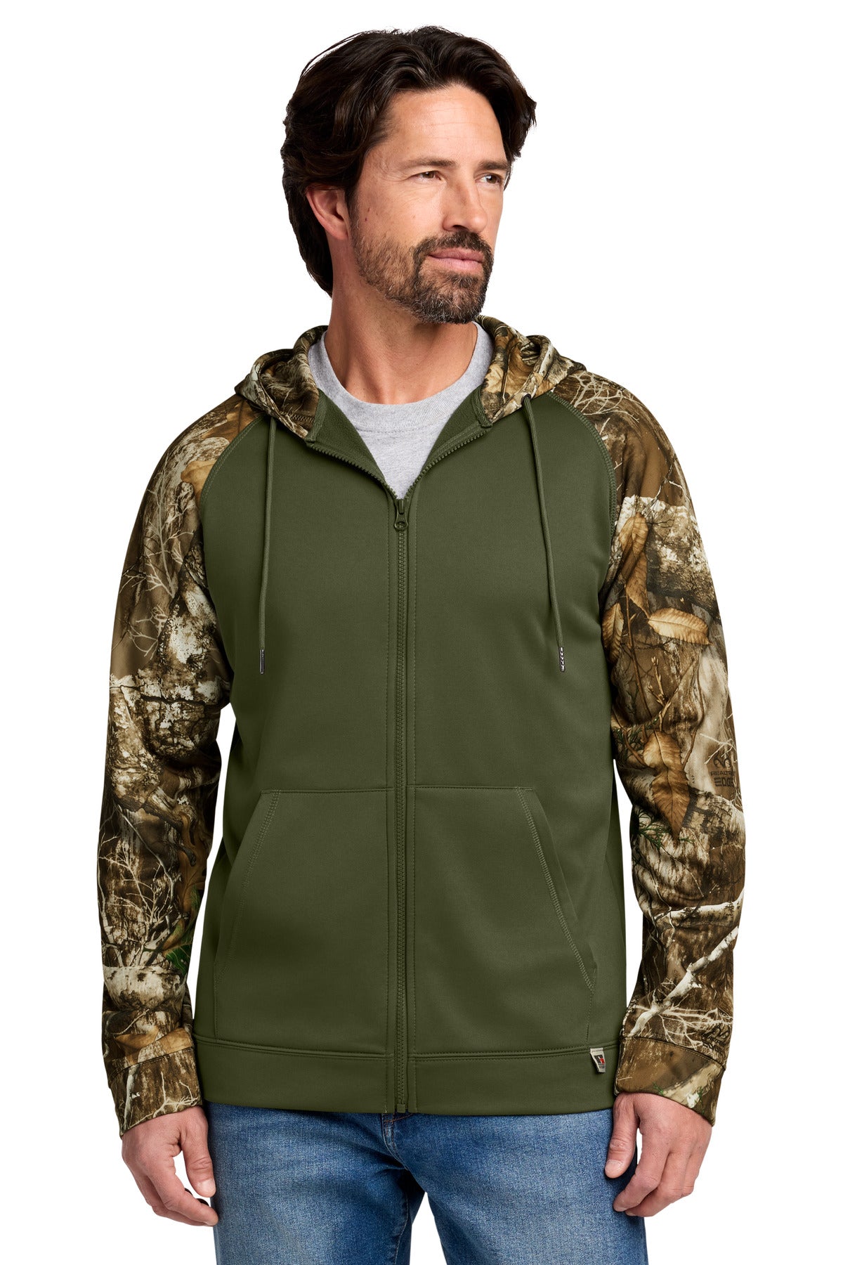 Russell Outdoors Realtree Performance Colorblock Full-Zip Hoodie RU452 in Olive Drab Green/ Realtree Edge
