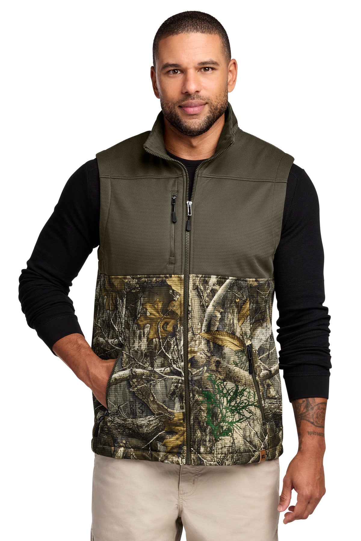 Russell Outdoors Realtree Atlas Colorblock Soft Shell Vest RU604 in Cargo Brown/ Realtree Edge