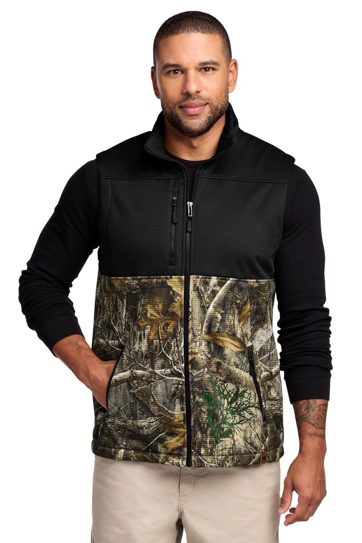 Russell Outdoors Realtree Atlas Colorblock Soft Shell Vest RU604 in Deep Black/ Realtree Edge