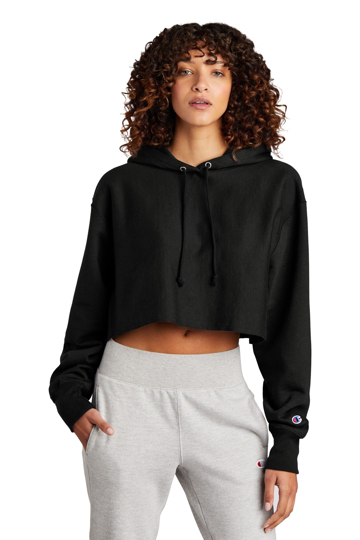 Champion   Women's Reverse Weave   Cropped Cut-Off Hooded Sweatshirt RW01W in Black