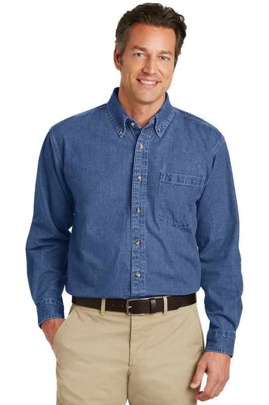 Port Authority Heavyweight Denim Shirt. S100 in Dark Blue Stonewashed