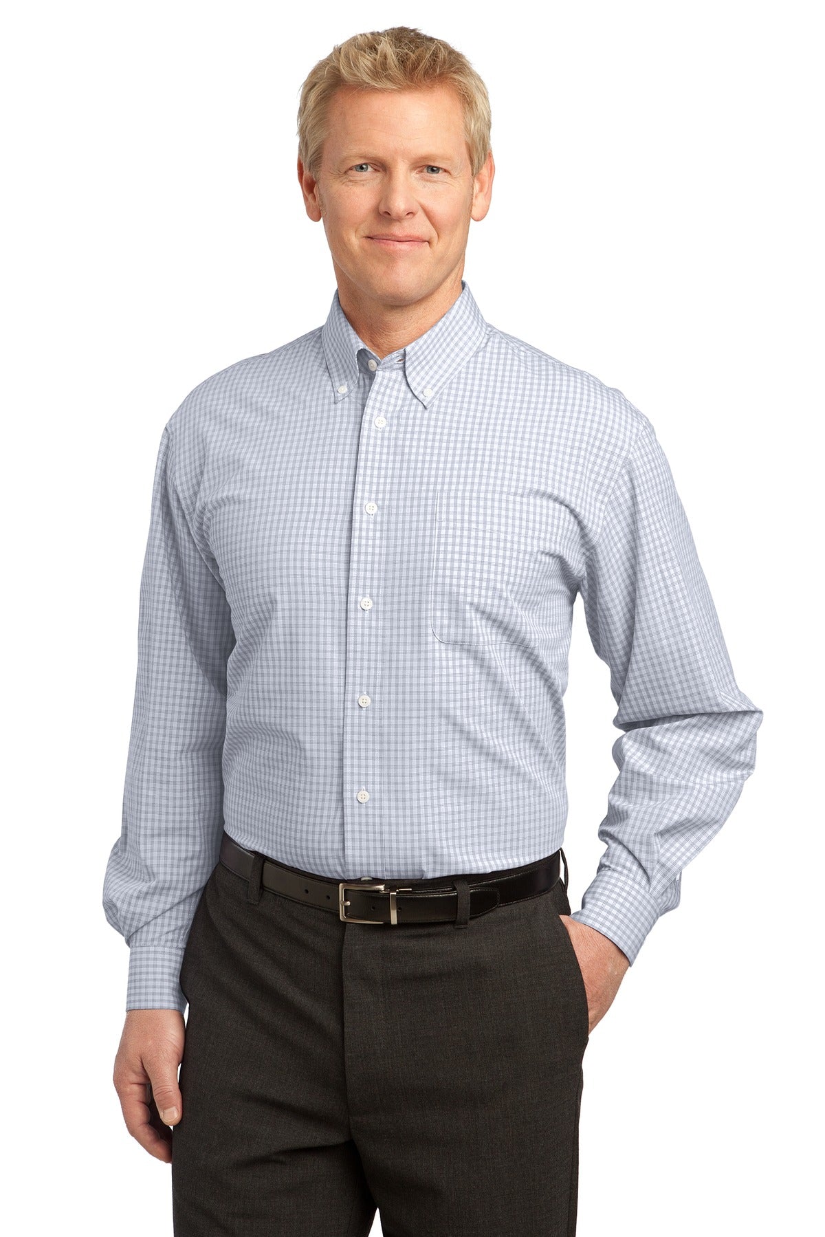 Port Authority Plaid Pattern Easy Care Shirt. S639 in White