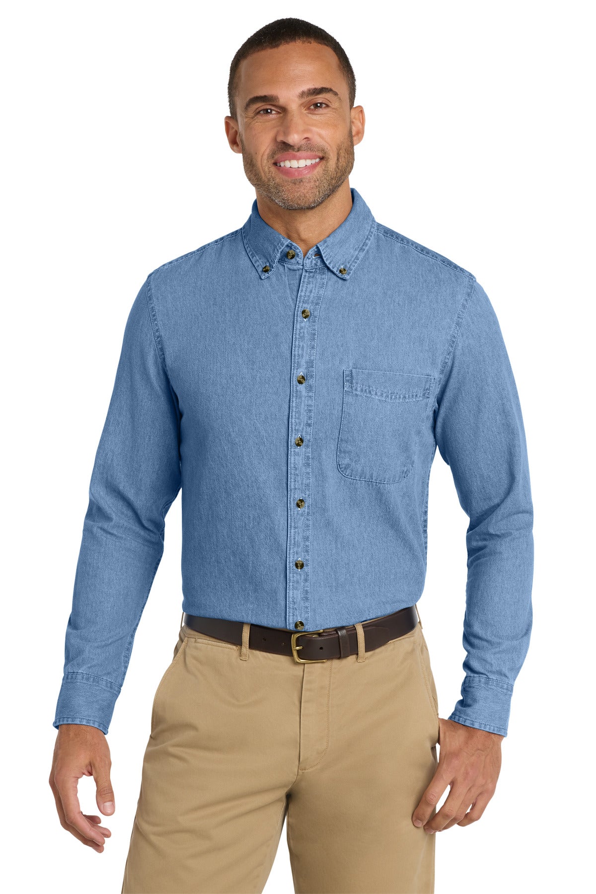 Port & Co Long Sleeve Value Denim Shirt. SP10 in Faded Blue