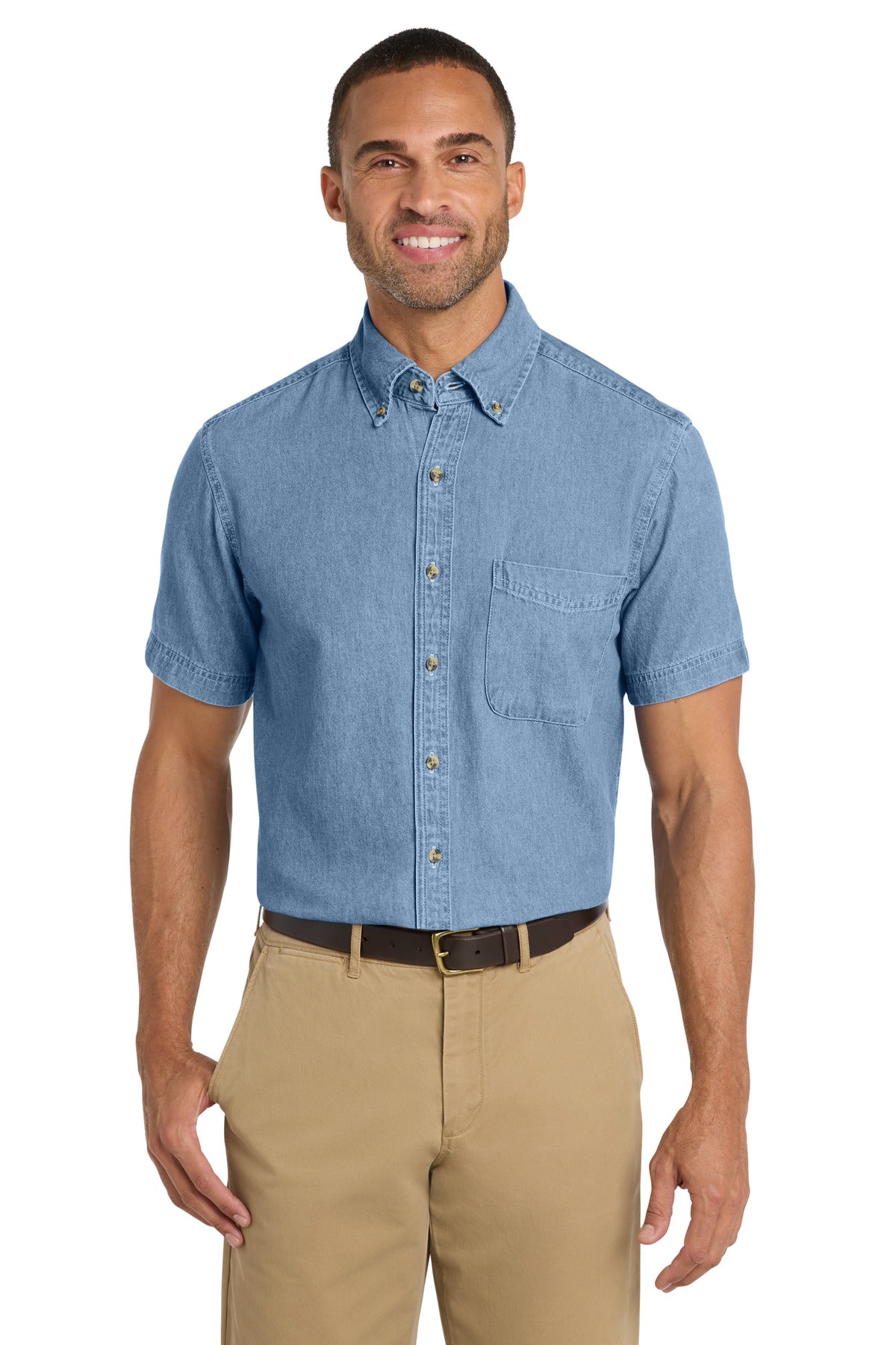 Port & Co Short Sleeve Value Denim Shirt. SP11 in Faded Blue