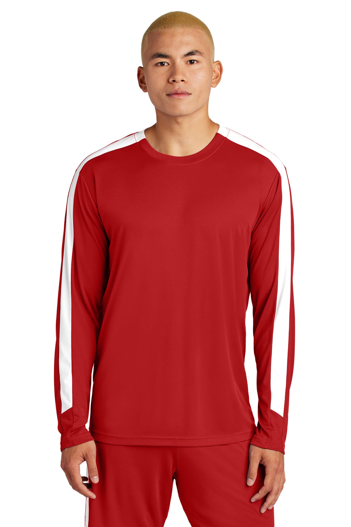 Sport-Tek Competitor United Long Sleeve Crew ST100LS in Deep Red/ White