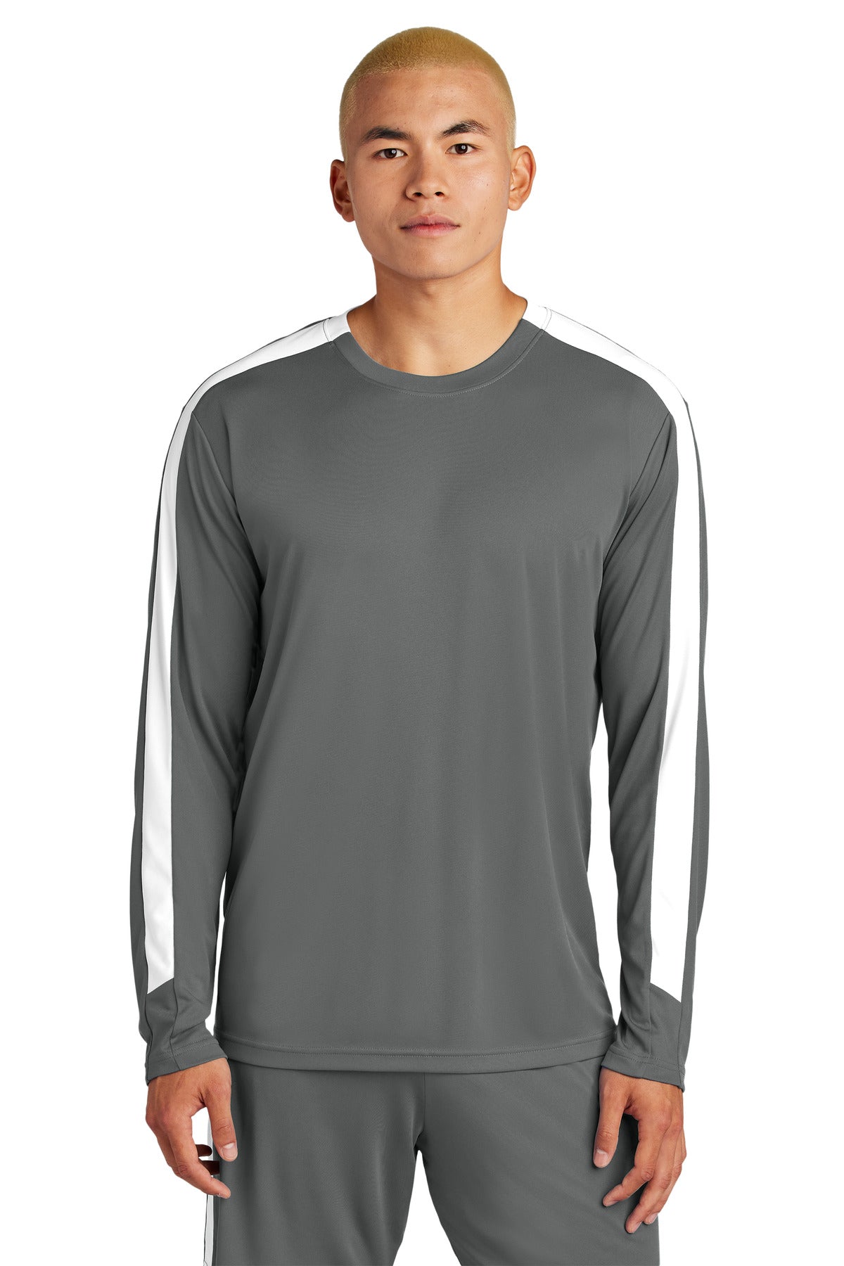 Sport-Tek Competitor United Long Sleeve Crew ST100LS in Iron Grey/ White