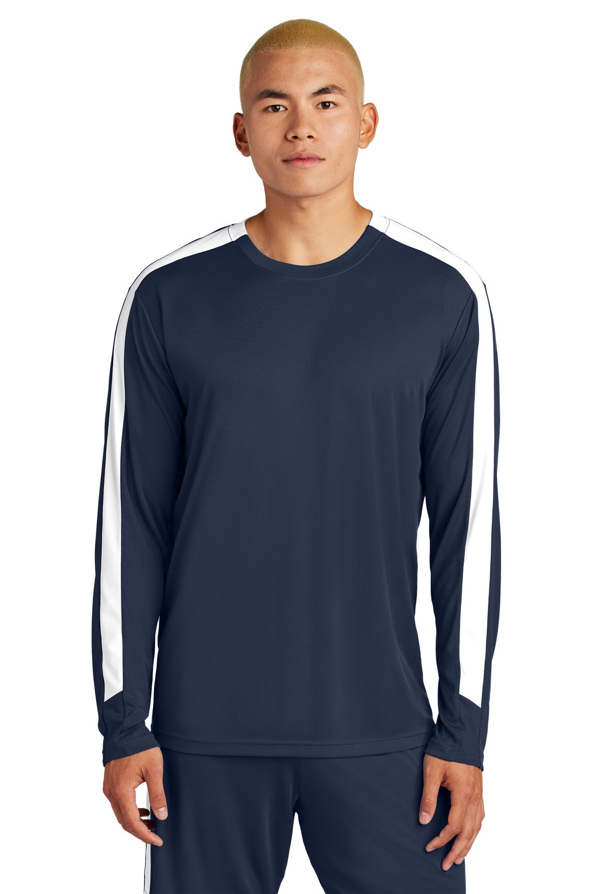 Sport-Tek Competitor United Long Sleeve Crew ST100LS in True Navy/ White