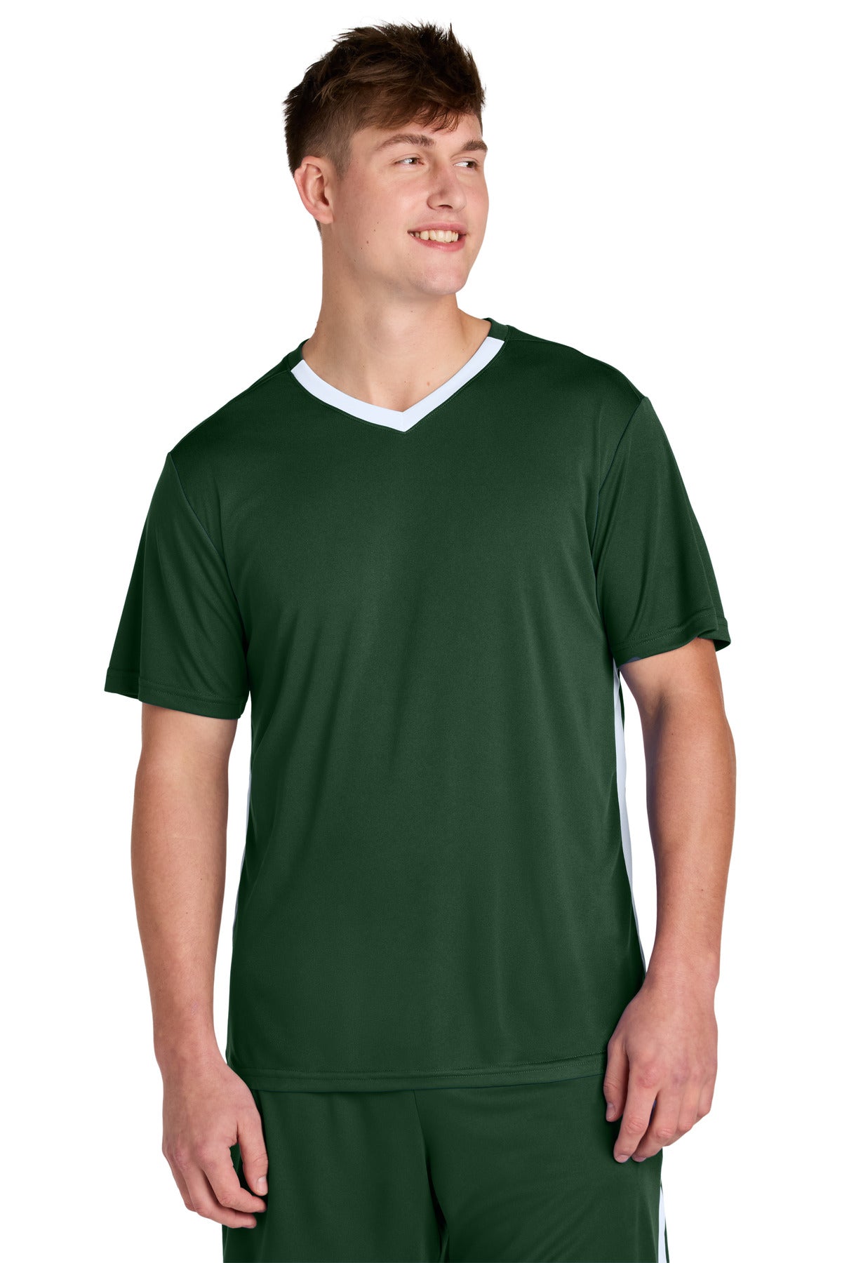 Sport-Tek Competitor United V-Neck ST101 in Forest Green/ White
