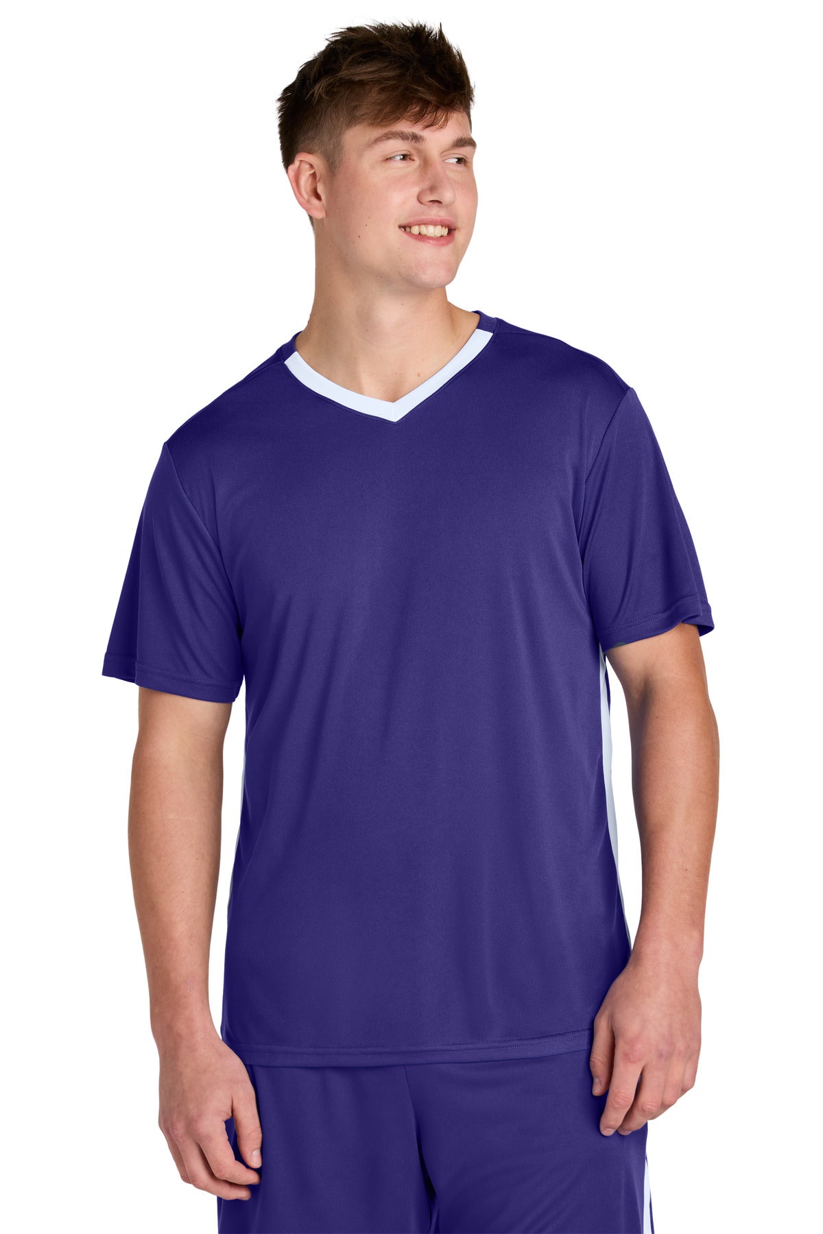Sport-Tek Competitor United V-Neck ST101 in Purple/ White