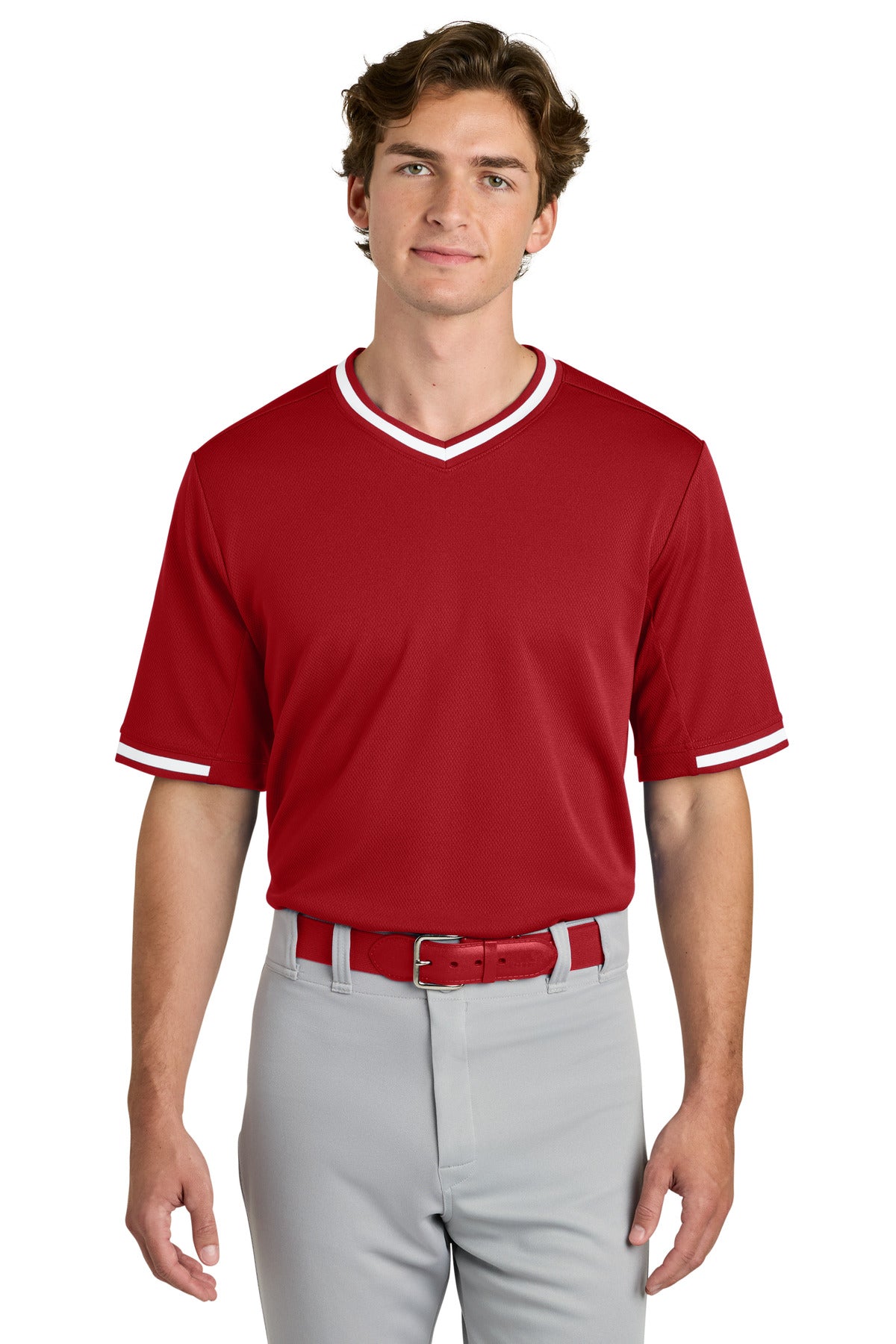 Sport-Tek Tough Mesh V-Neck Baseball Jersey ST221 in True Red