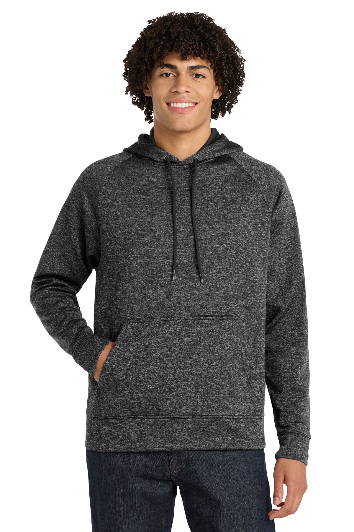 Sport-Tek PosiCharge Electric Heather Fleece Hooded Pullover. ST225 in Grey-Black Electric