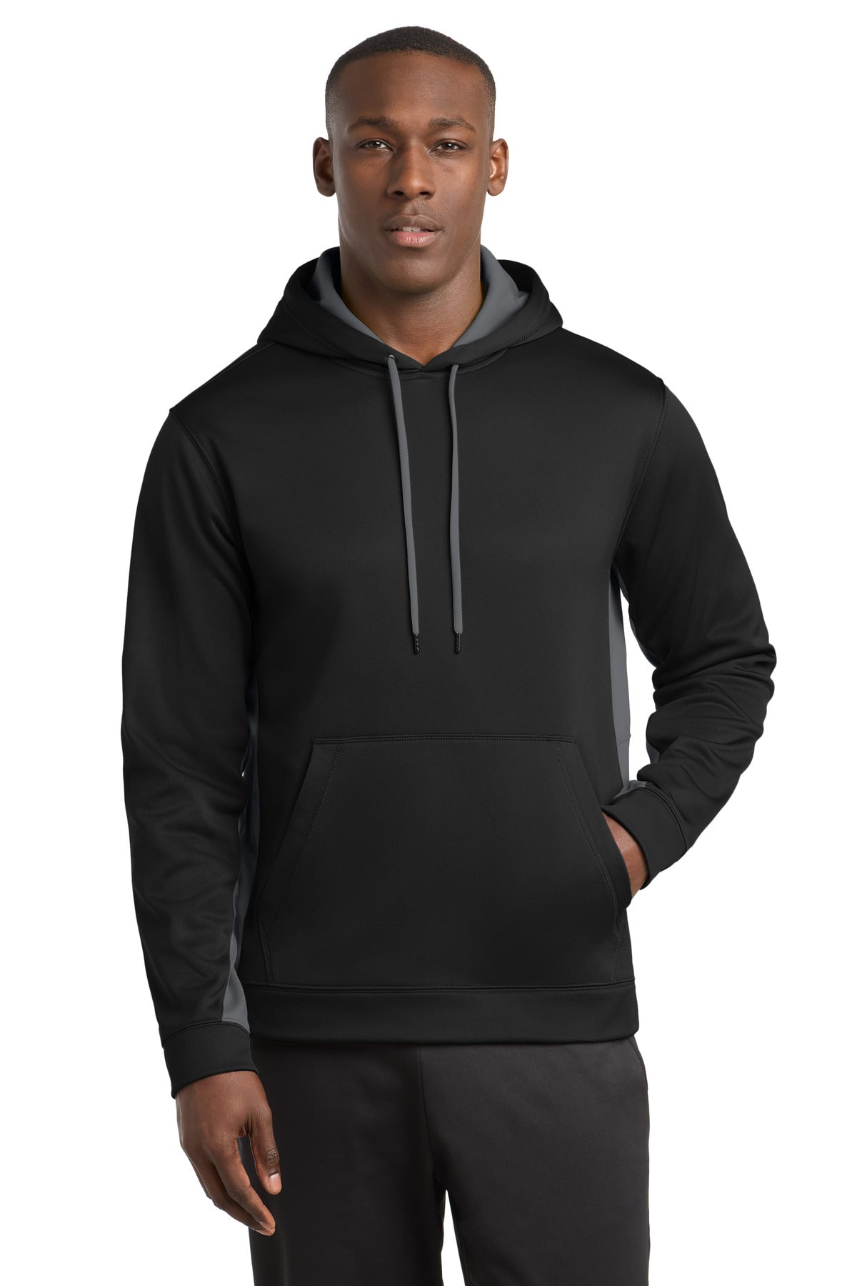 Sport-Tek Sport-Wick Fleece Colorblock Hooded Pullover. ST235 in Black/ Dark Smoke Grey