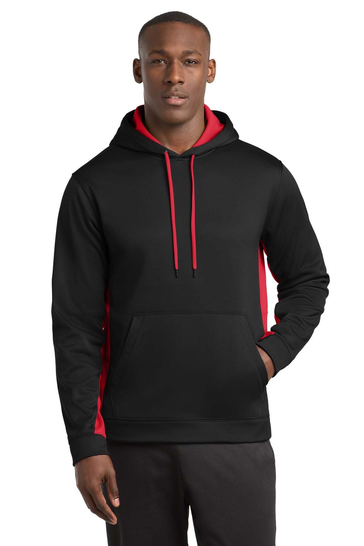 Sport-Tek Sport-Wick Fleece Colorblock Hooded Pullover. ST235 in Black/ Deep Red