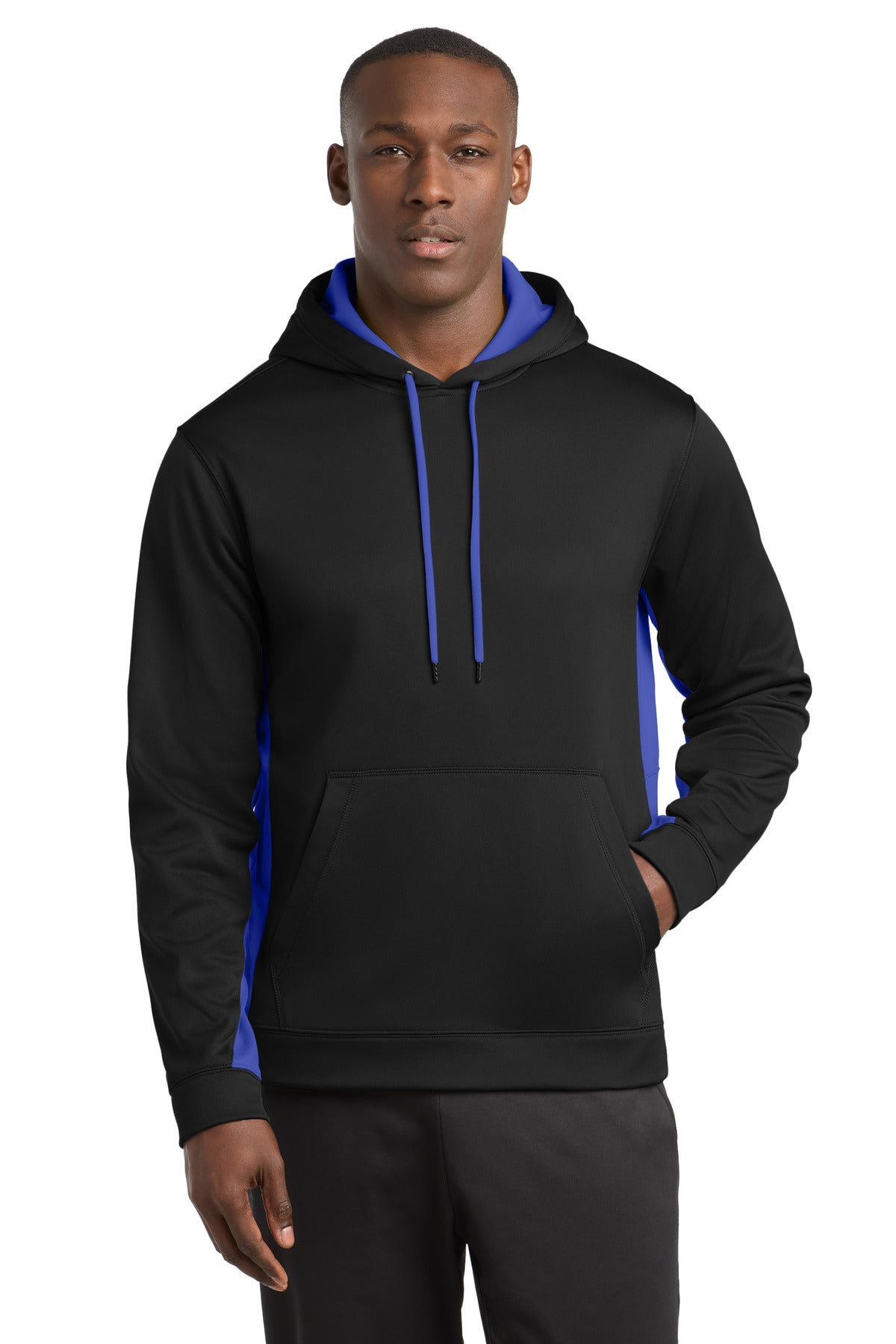 Sport-Tek Sport-Wick Fleece Colorblock Hooded Pullover. ST235 in Black/ True Royal