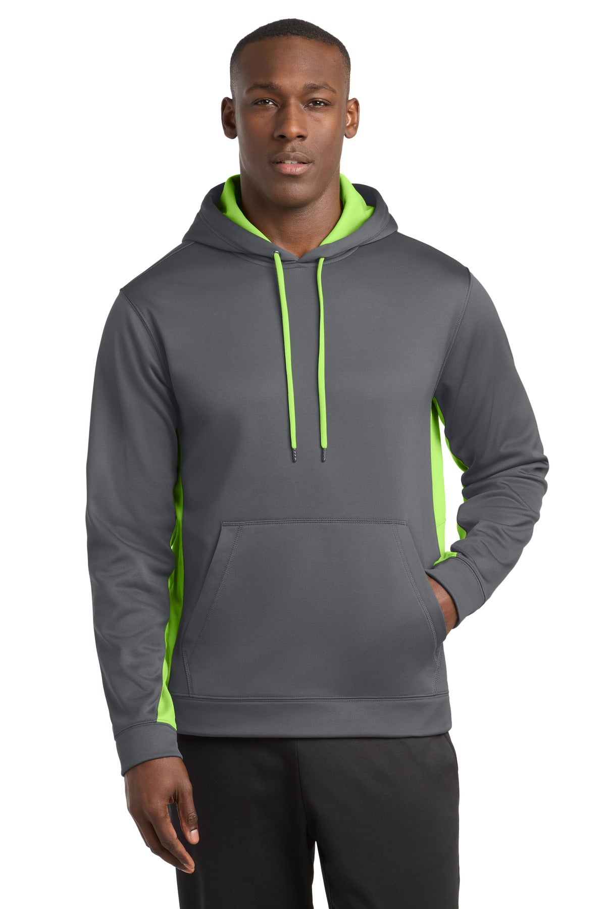 Sport-Tek Sport-Wick Fleece Colorblock Hooded Pullover. ST235 in Dark Smoke Grey/ Lime Shock