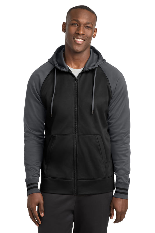 Sport-Tek Sport-Wick Varsity Fleece Full-Zip Hooded Jacket. ST236 in Black/ Dark Smoke Grey