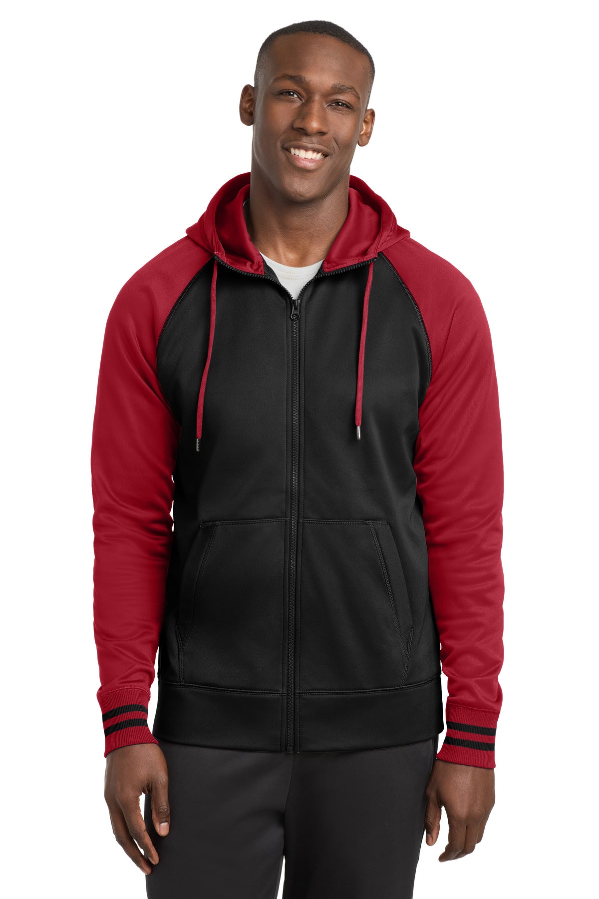 Sport-Tek Sport-Wick Varsity Fleece Full-Zip Hooded Jacket. ST236 in Black/ Deep Red
