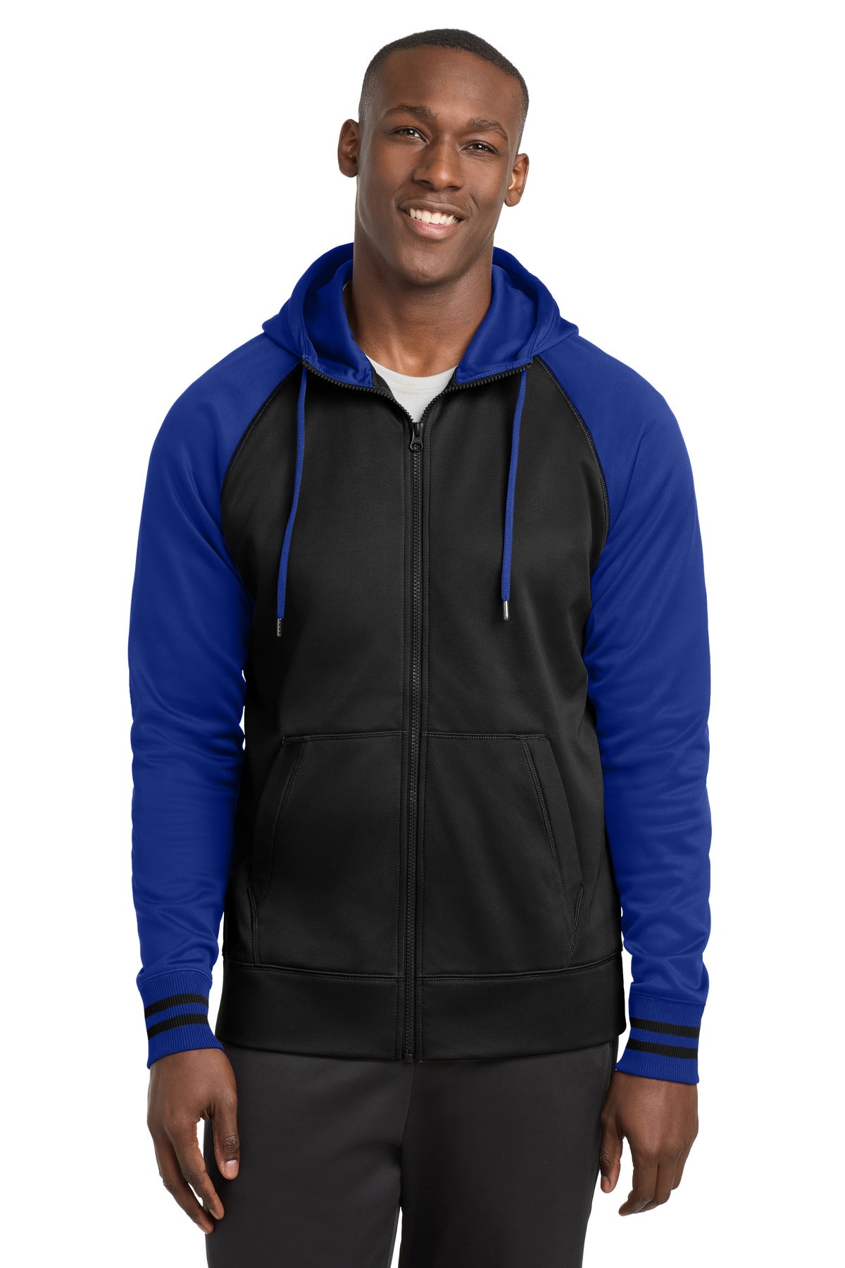 Sport-Tek Sport-Wick Varsity Fleece Full-Zip Hooded Jacket. ST236 in Black/ True Royal