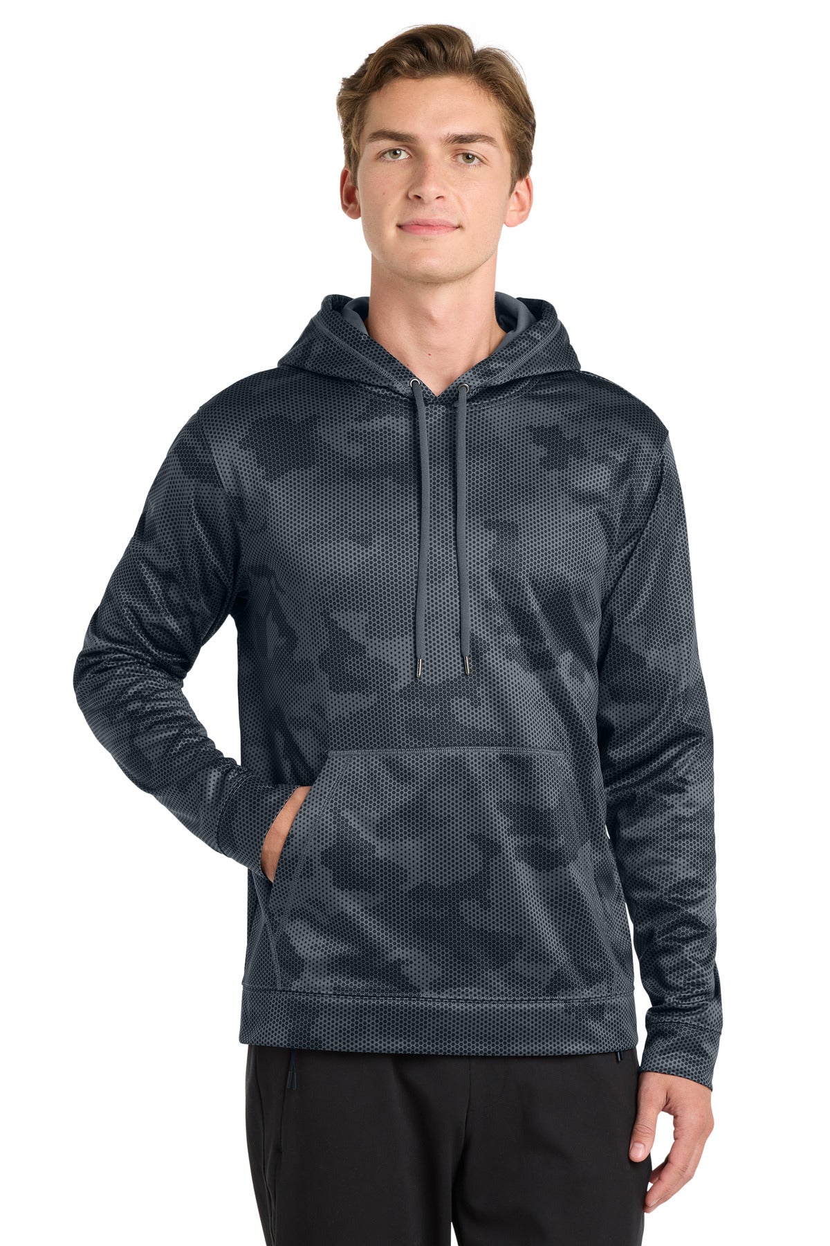 Sport-Tek Sport-Wick CamoHex Fleece Hooded Pullover. ST240 in Dark Smoke Grey