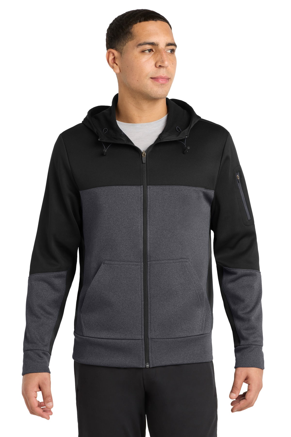 Sport-Tek Tech Fleece Colorblock Full-Zip Hooded Jacket. ST245 in Black/ Graphite Heather/ Black