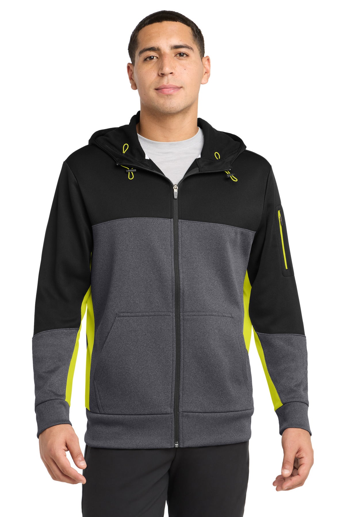 Sport-Tek Tech Fleece Colorblock Full-Zip Hooded Jacket. ST245 in Black/ Graphite Heather/ Citron