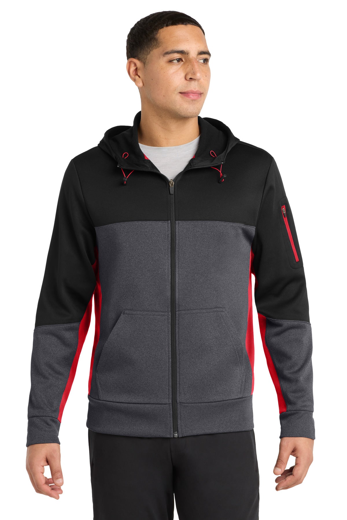 Sport-Tek Tech Fleece Colorblock Full-Zip Hooded Jacket. ST245 in Black/ Graphite Heather/ True Red