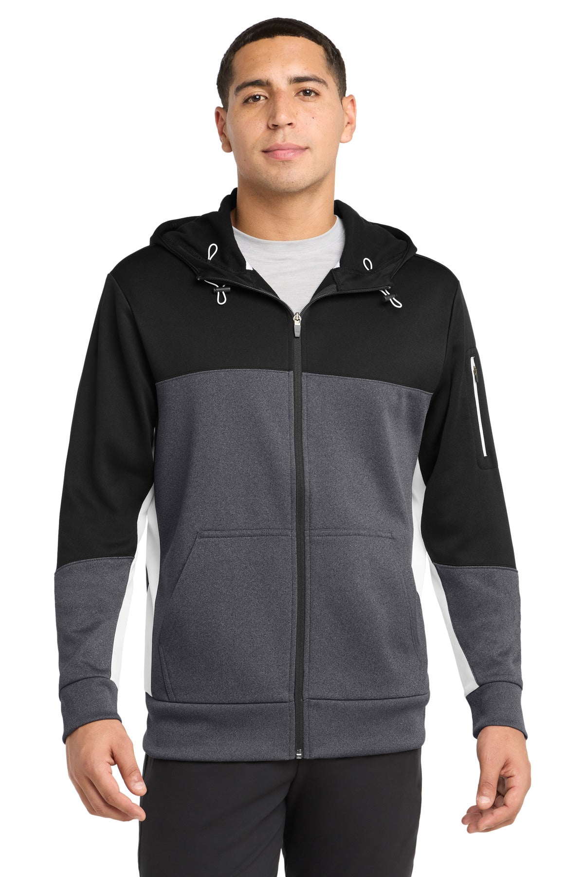 Sport-Tek Tech Fleece Colorblock Full-Zip Hooded Jacket. ST245 in Black/ Graphite Heather/ White