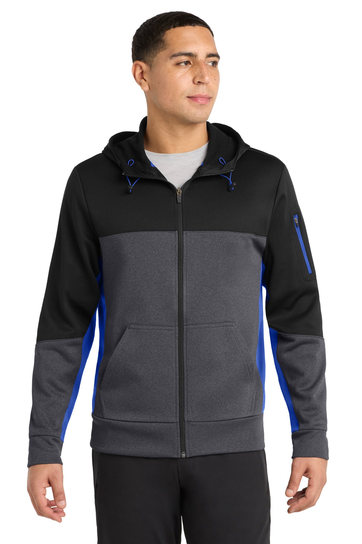 Sport-Tek Tech Fleece Colorblock Full-Zip Hooded Jacket. ST245 in Black/ Graphite Heather/ True Royal