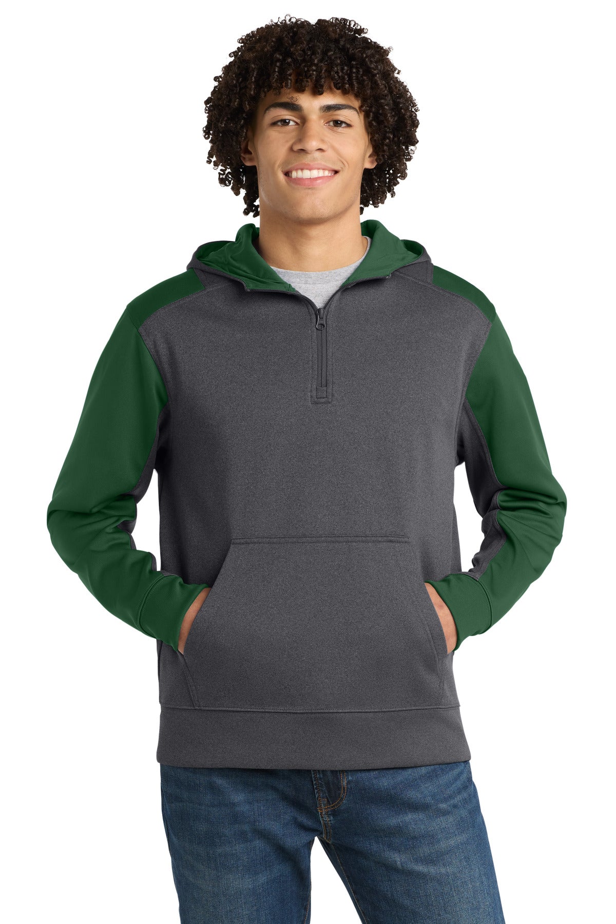 Sport-Tek  Tech Fleece Colorblock 1/4-Zip Hooded Sweatshirt. ST249 in Graphite Heather/ Forest Green