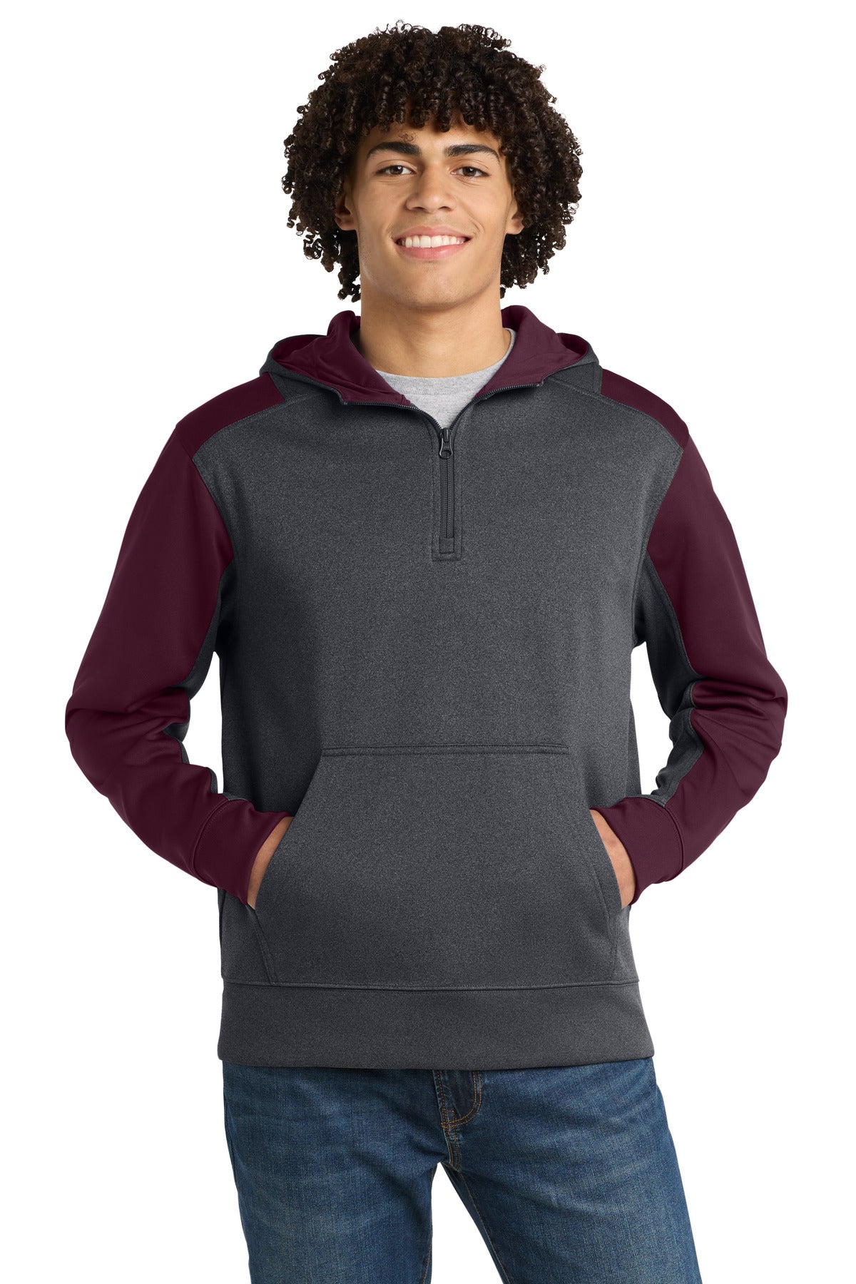 Sport-Tek  Tech Fleece Colorblock 1/4-Zip Hooded Sweatshirt. ST249 in Graphite Heather/ Maroon