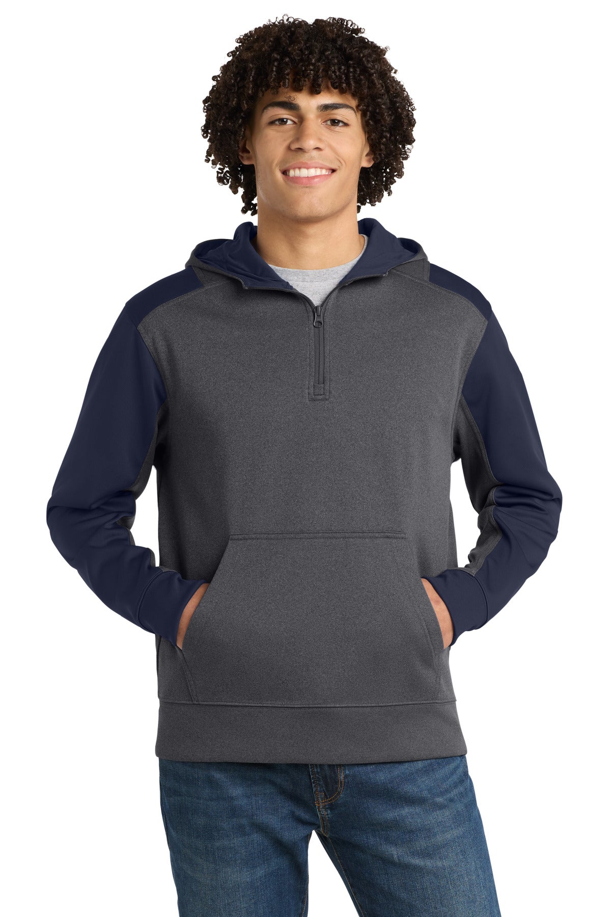 Sport-Tek  Tech Fleece Colorblock 1/4-Zip Hooded Sweatshirt. ST249 in Graphite Heather/ True Navy