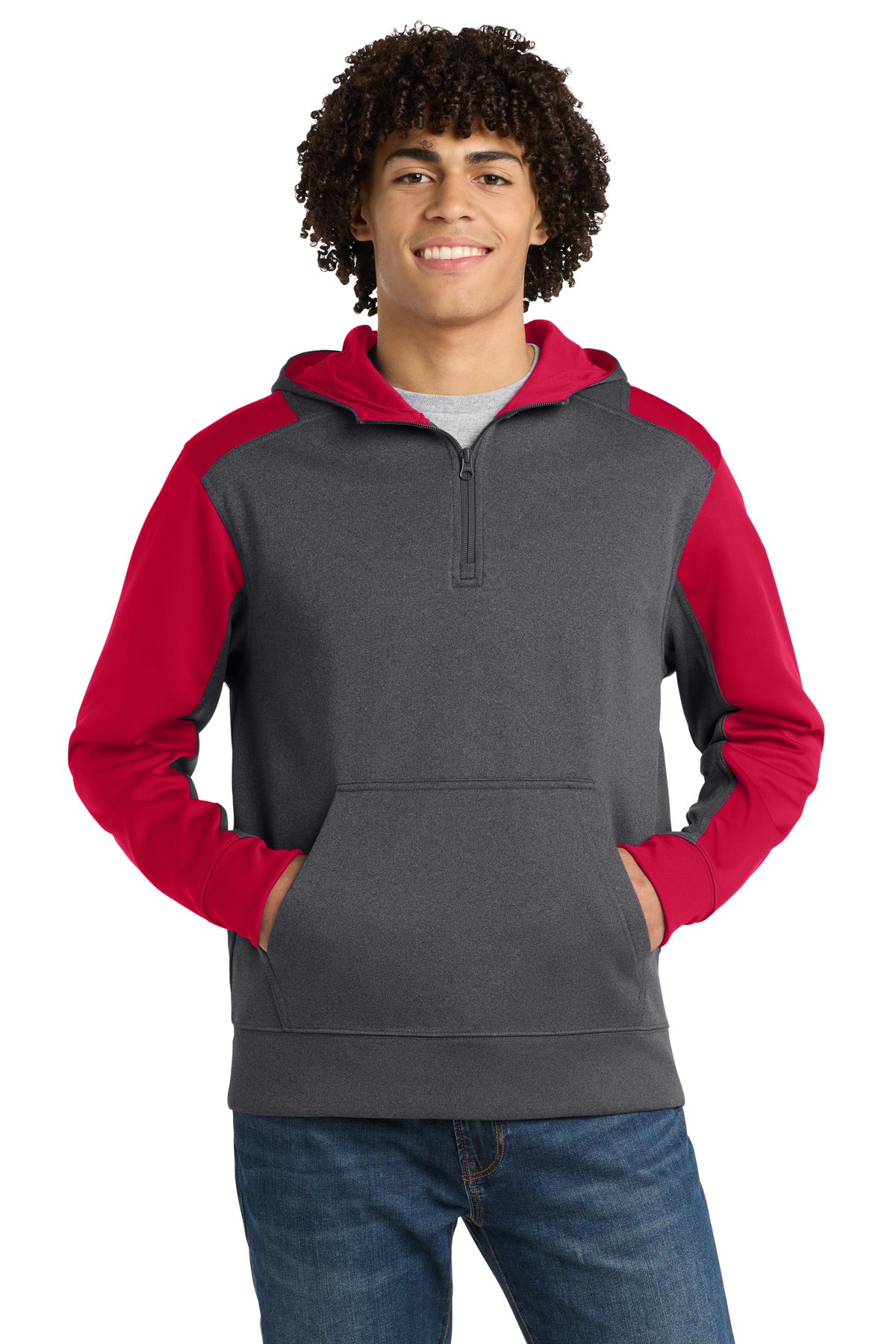 Sport-Tek  Tech Fleece Colorblock 1/4-Zip Hooded Sweatshirt. ST249 in Graphite Heather/ True Red