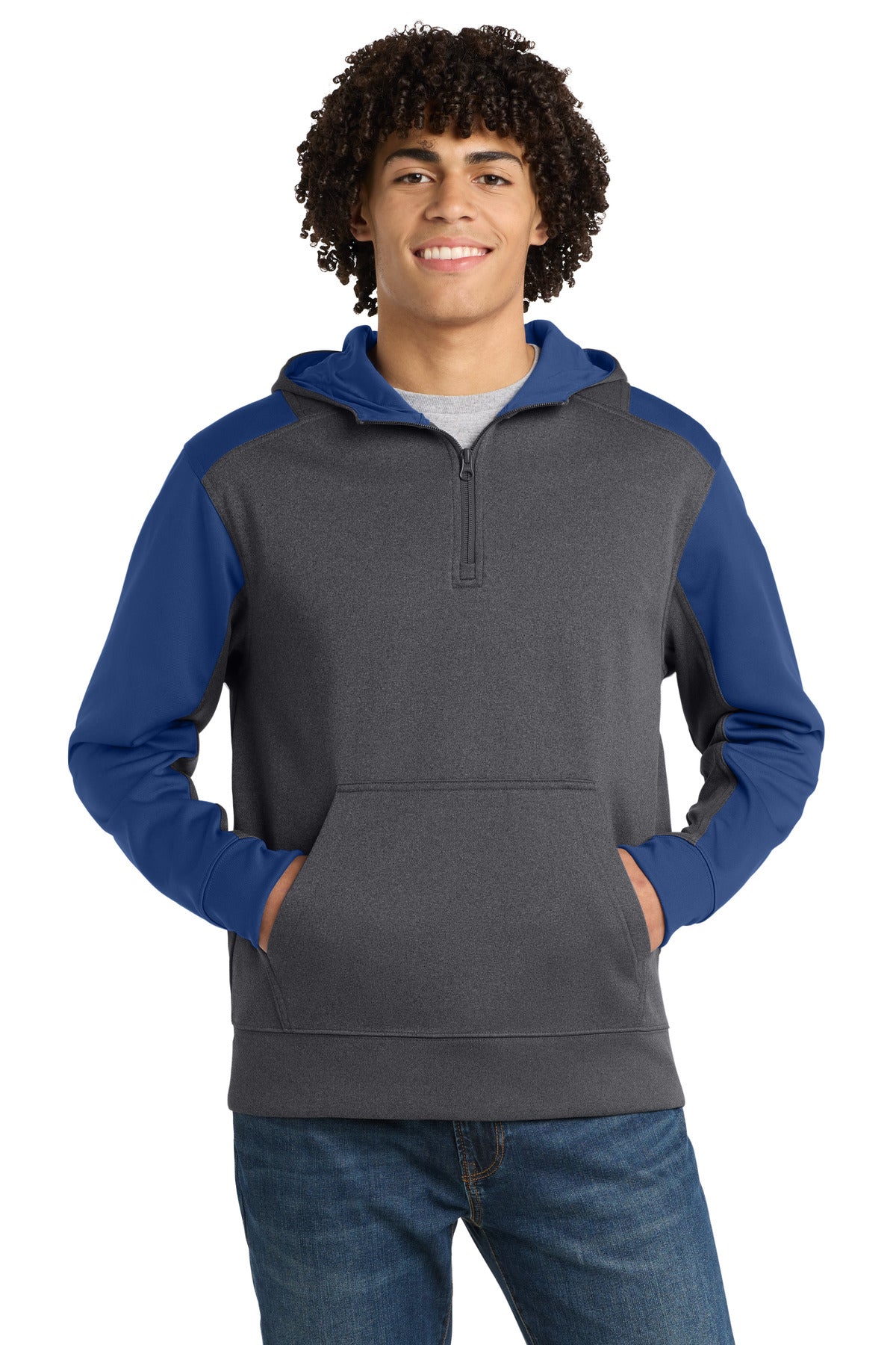 Sport-Tek  Tech Fleece Colorblock 1/4-Zip Hooded Sweatshirt. ST249 in Graphite Heather/ True Royal