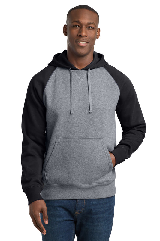 Sport-Tek Raglan Colorblock Pullover Hooded Sweatshirt. ST267 in Black/ Vintage Heather