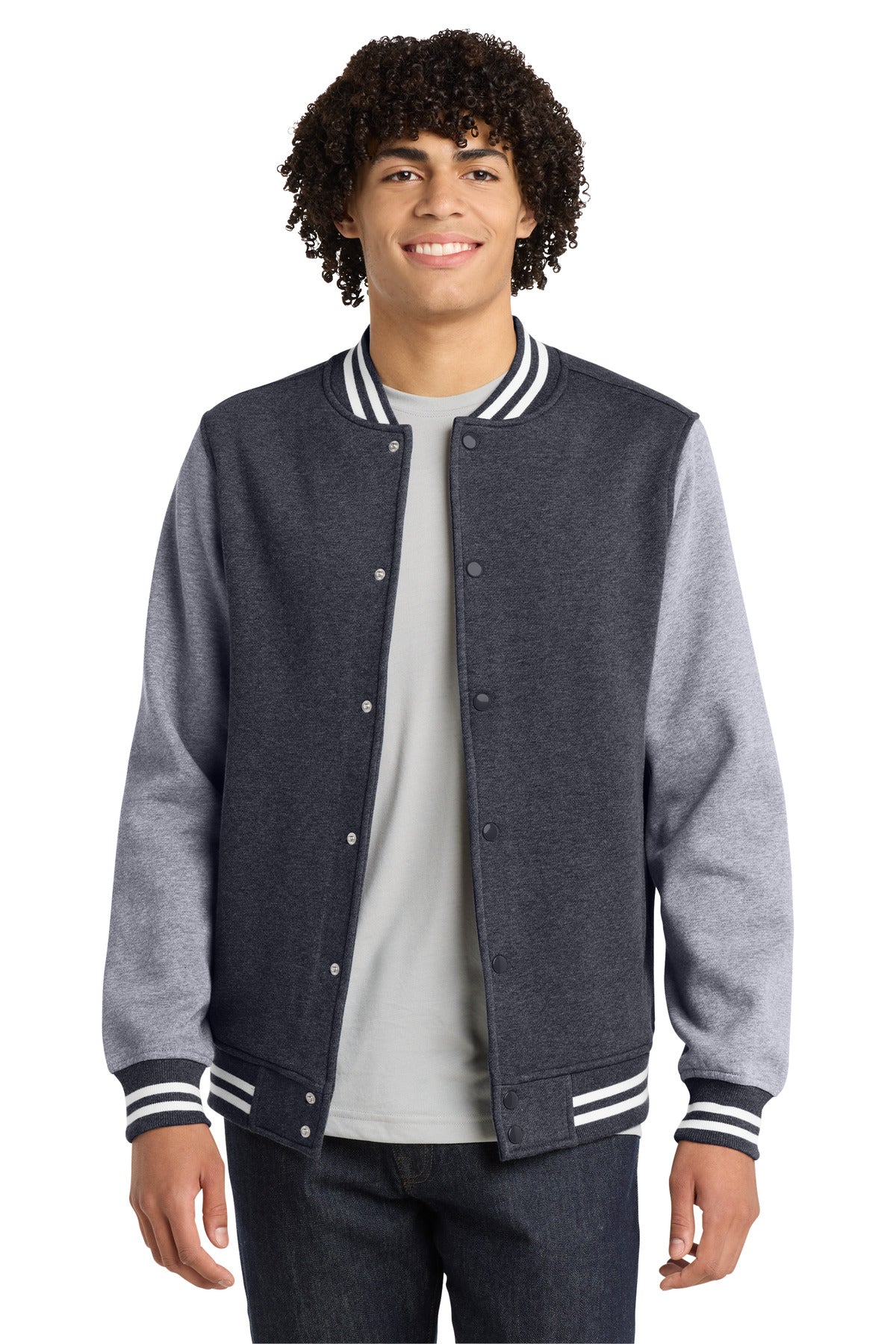 Sport-Tek Fleece Letterman Jacket. ST270 in Graphite Heather/ Vintage Heather