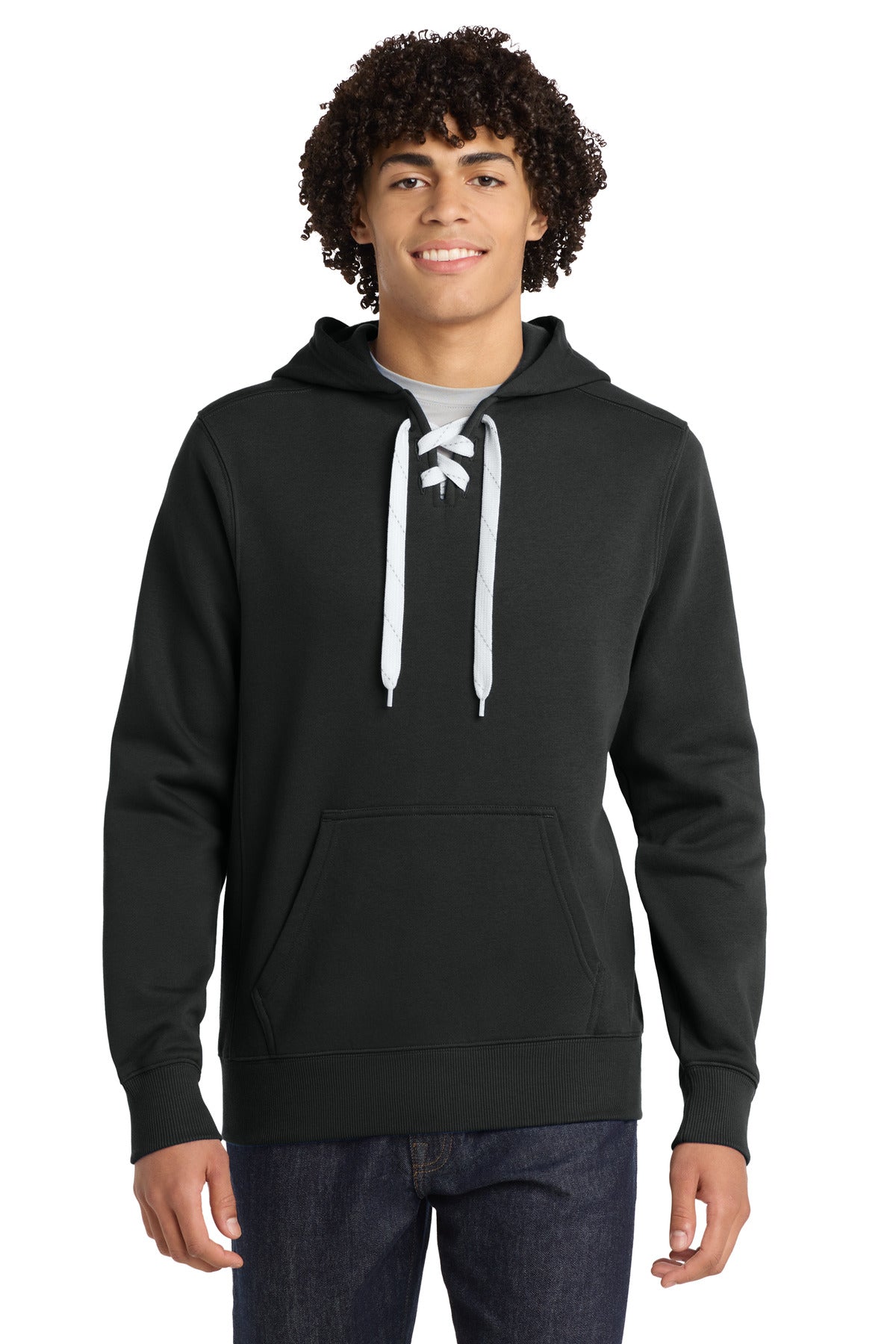 Sport-Tek Lace Up Pullover Hooded Sweatshirt. ST271 in Black