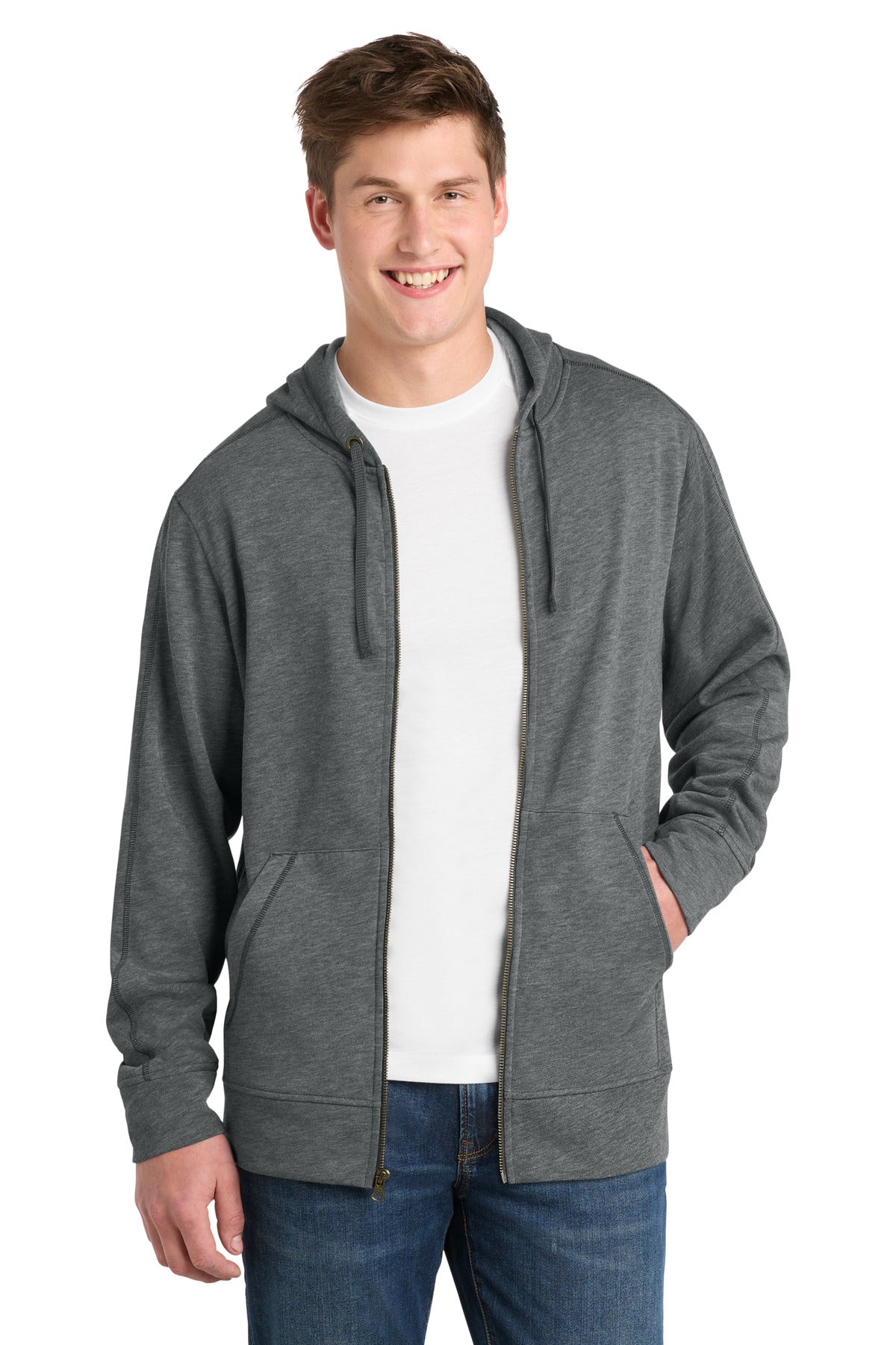 Sport-Tek  PosiCharge  Tri-Blend Wicking Fleece Full-Zip Hooded Jacket ST293 in Dark Grey Heather