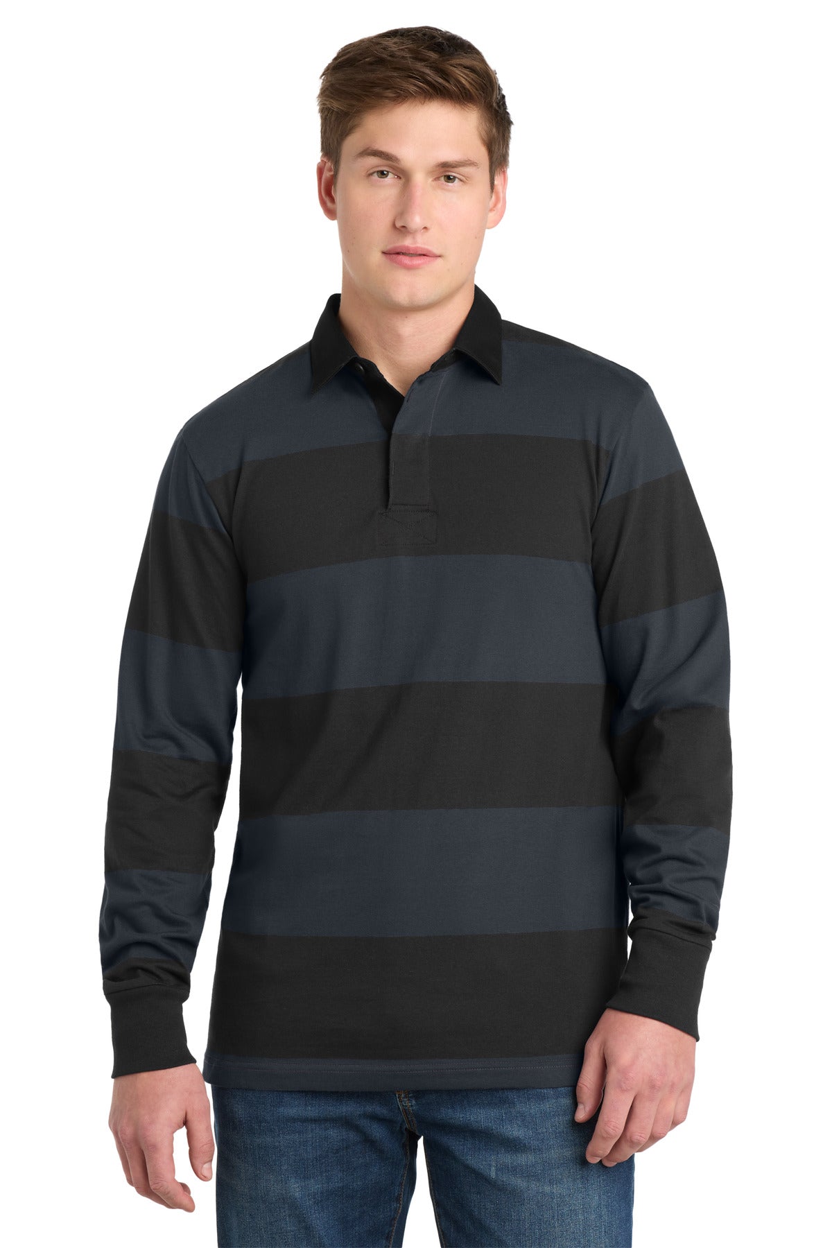 Sport-Tek Classic Long Sleeve Rugby Polo. ST301 in Black/ Graphite