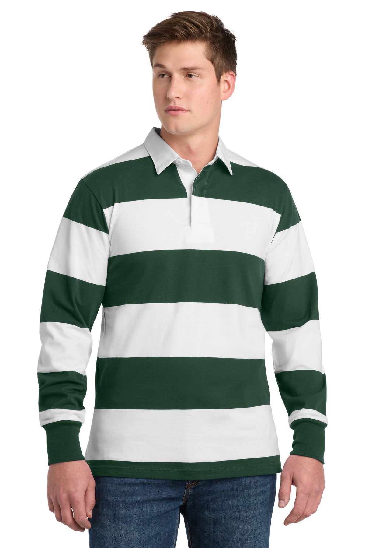 Sport-Tek Classic Long Sleeve Rugby Polo. ST301 in Forest Green/ White