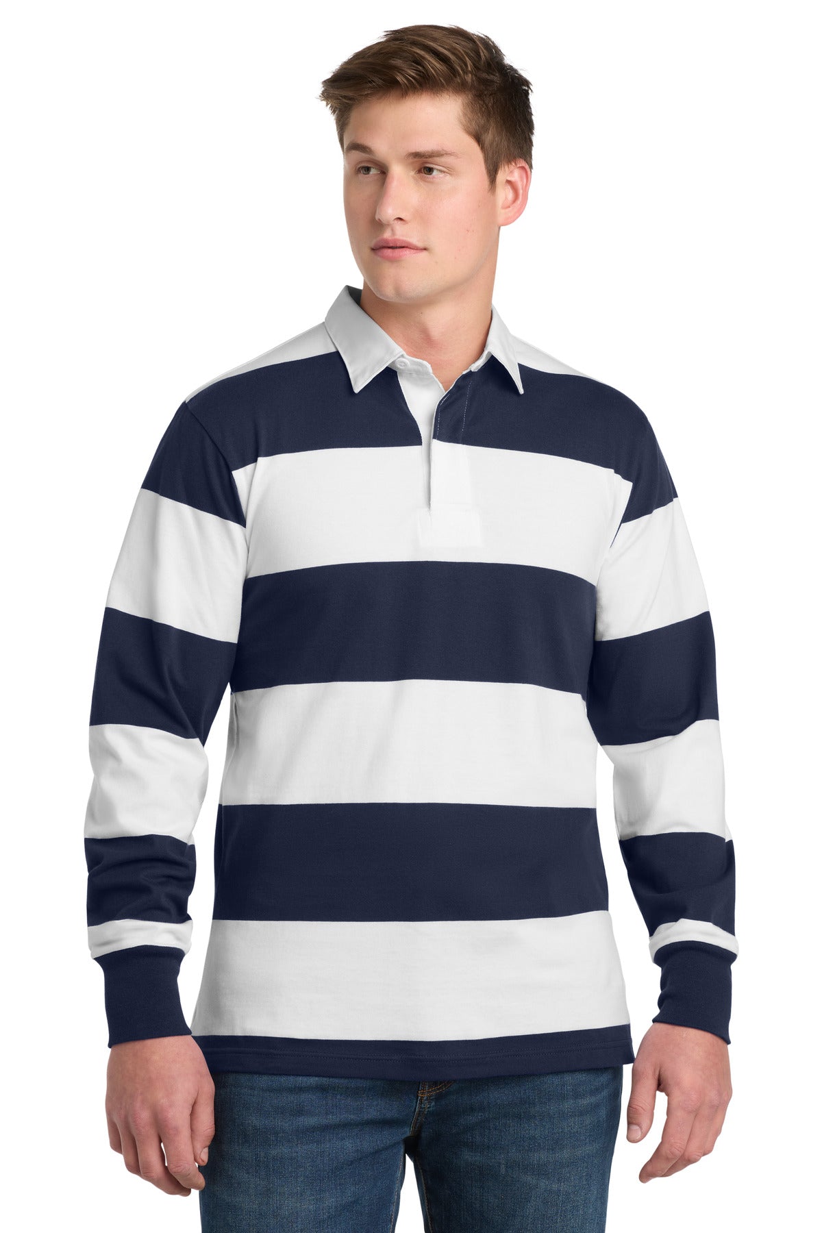 Sport-Tek Classic Long Sleeve Rugby Polo. ST301 in True Navy/ White
