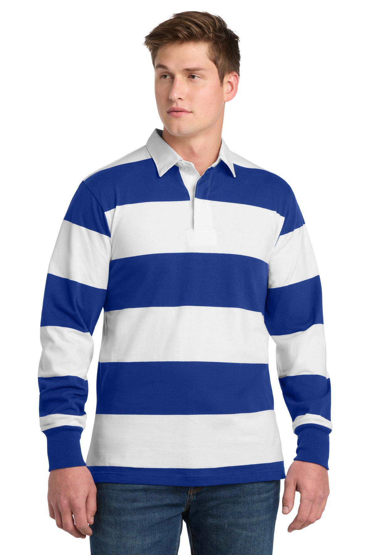 Sport-Tek Classic Long Sleeve Rugby Polo. ST301 in True Royal/ White