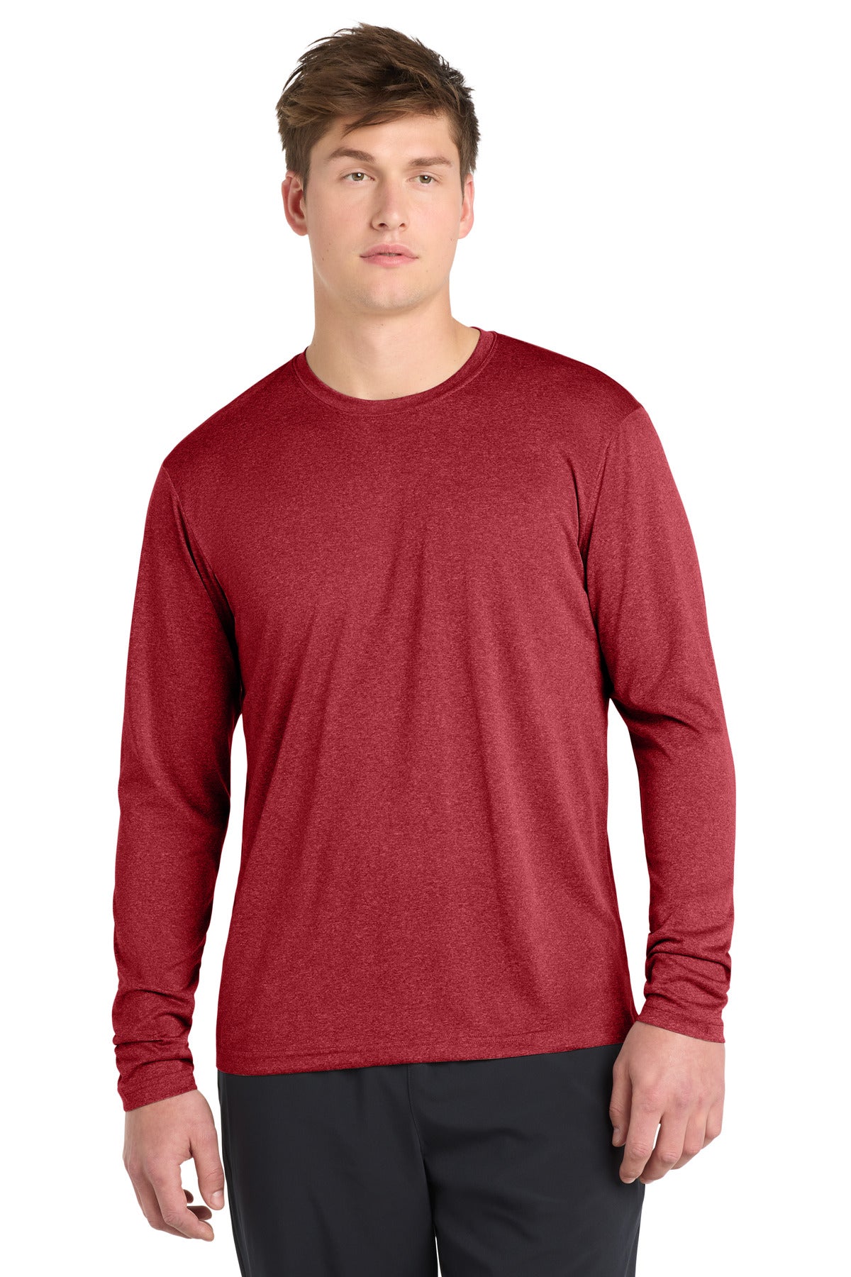 Sport-Tek Long Sleeve Heather Contender Tee. ST360LS in Scarlet Heather