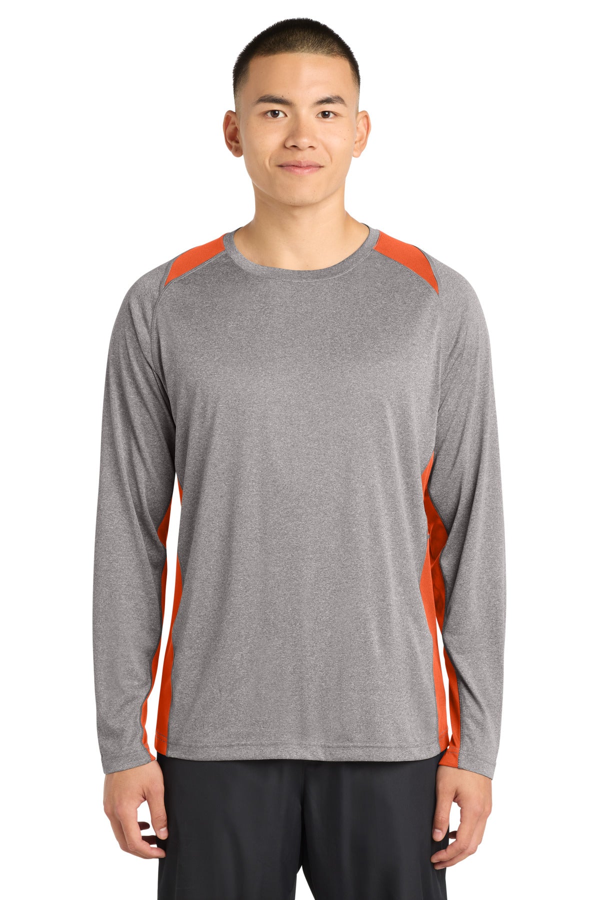 Sport-Tek Long Sleeve Heather Colorblock Contender Tee. ST361LS in Vintage Heather/ Deep Orange