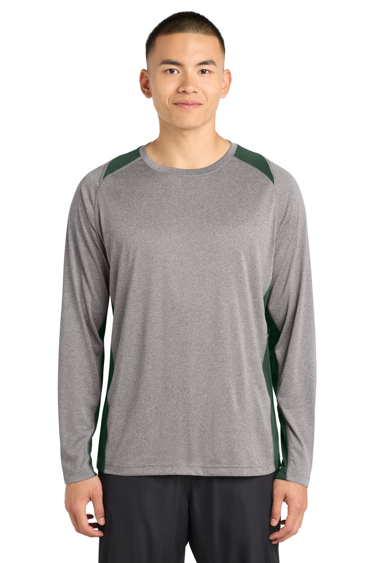 Sport-Tek Long Sleeve Heather Colorblock Contender Tee. ST361LS in Vintage Heather/ Forest Green