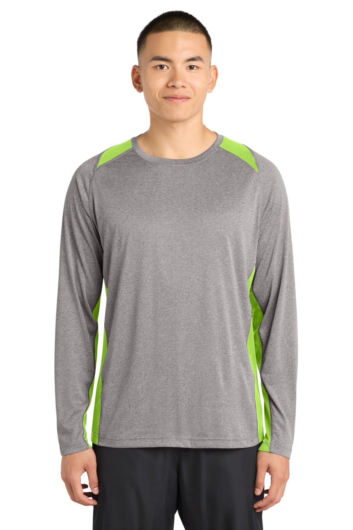 Sport-Tek Long Sleeve Heather Colorblock Contender Tee. ST361LS in Vintage Heather/ Lime Shock